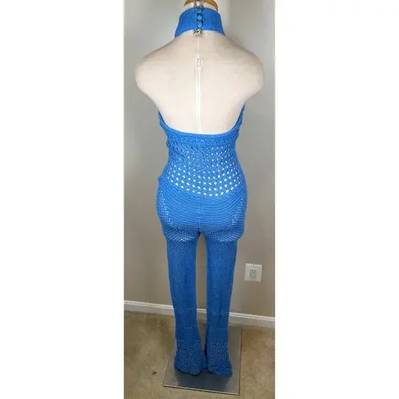 RETROFETE Kalena Knit Crochet Tropical Blue Flared Jumpsuit Size Small - Picture 8 of 10